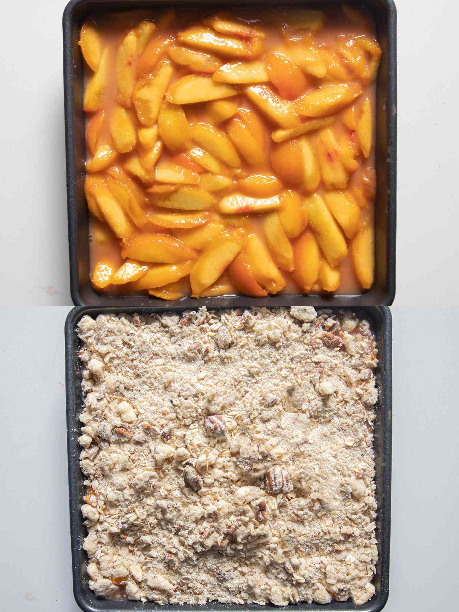 Two image collage of peaches nad topping in pan