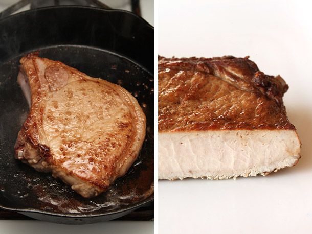 拼贴画的猪排在一个铸铁锅里烧焦和横切面显示明显的边缘过度煮熟的肉
