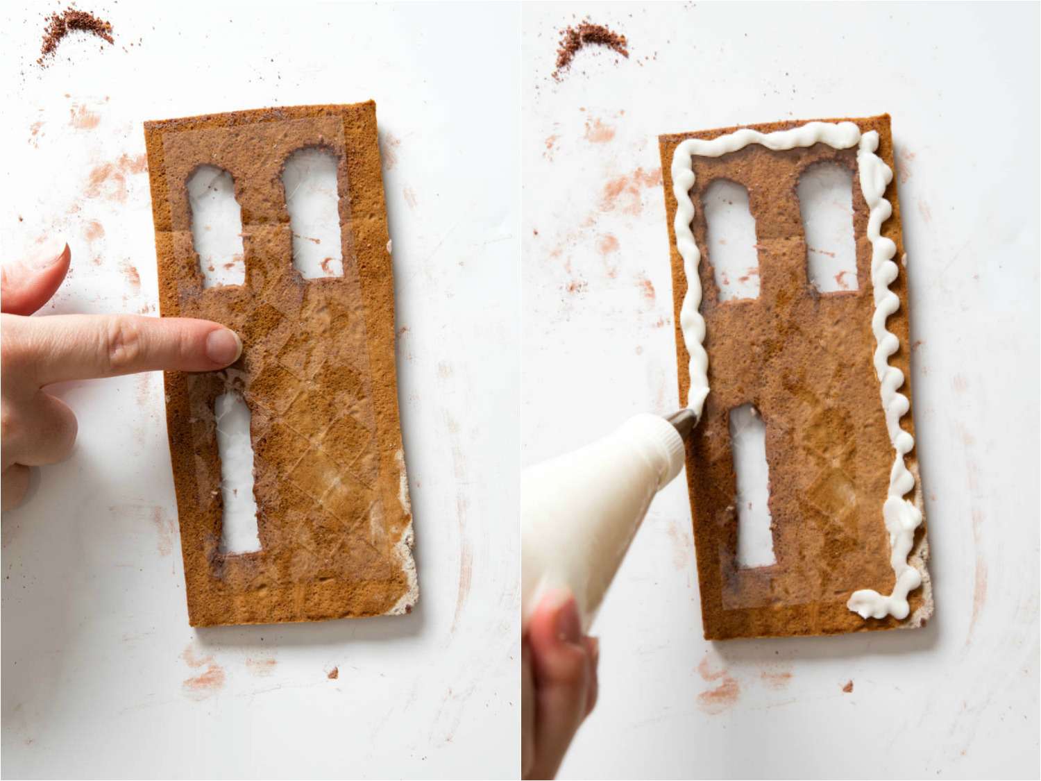 将明胶片贴在姜饼墙上，用皇家糖霜做窗户的照片拼贴