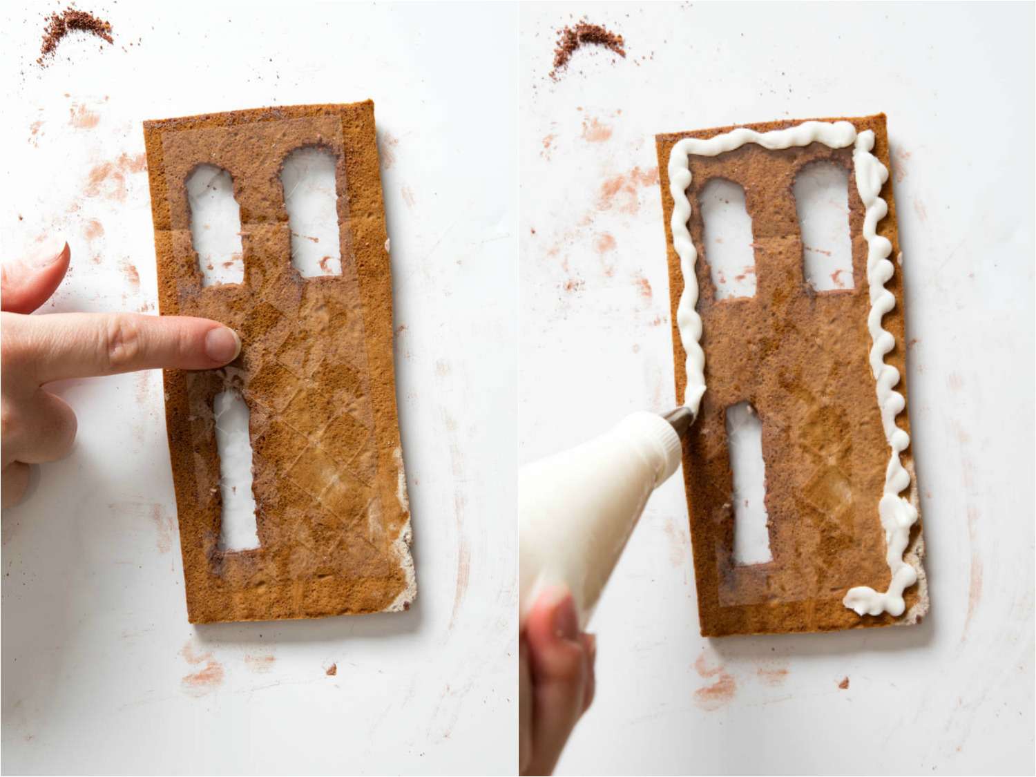 Collage of photos of attaching sheet gelatin to a gingerbread wall, using royal icing, to make windows