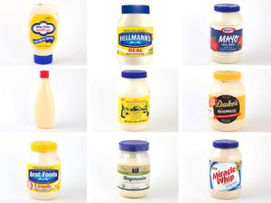 Collage of 9 different mayonnaise brands
