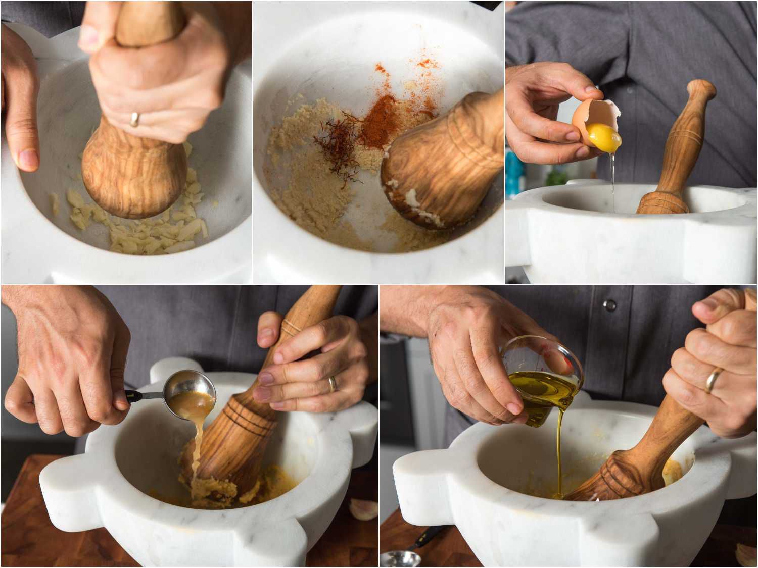 A collage of making rouille with a mortar and pestle: pounding garlic, cayenne pepper, bread crumbs, egg yolk, fish stock and olive oil into a thick paste.