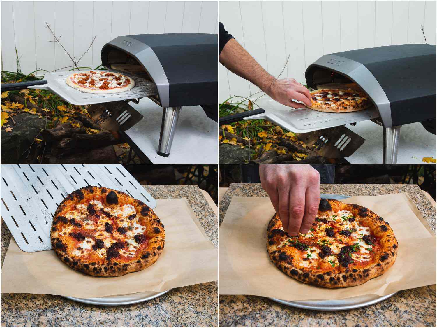 拼贴画展示了在户外的披萨烤箱中烹饪的努佳披萨