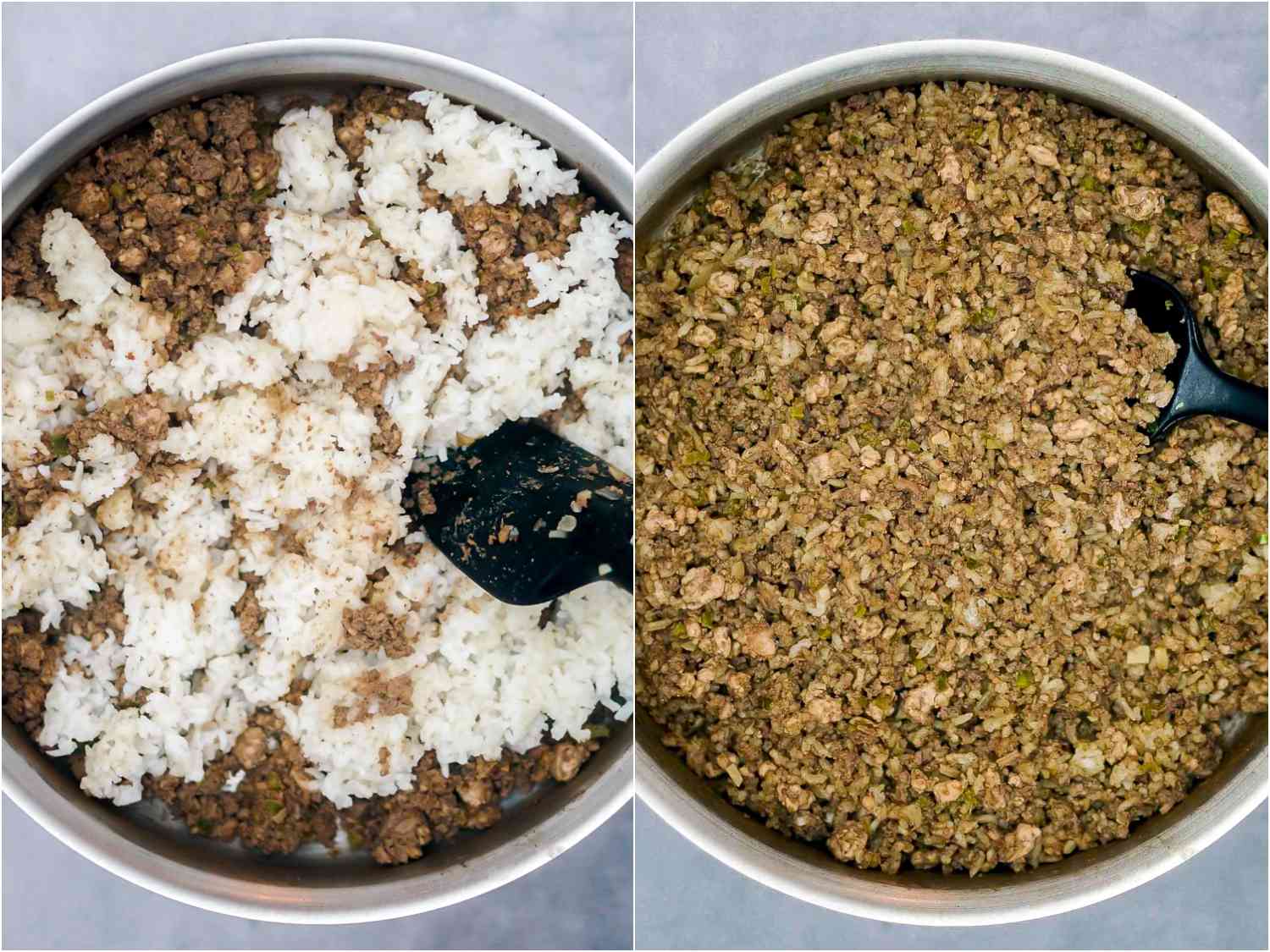 将煮好的米饭加入煎锅，搅拌均匀，变成棕色gydF4y2Ba