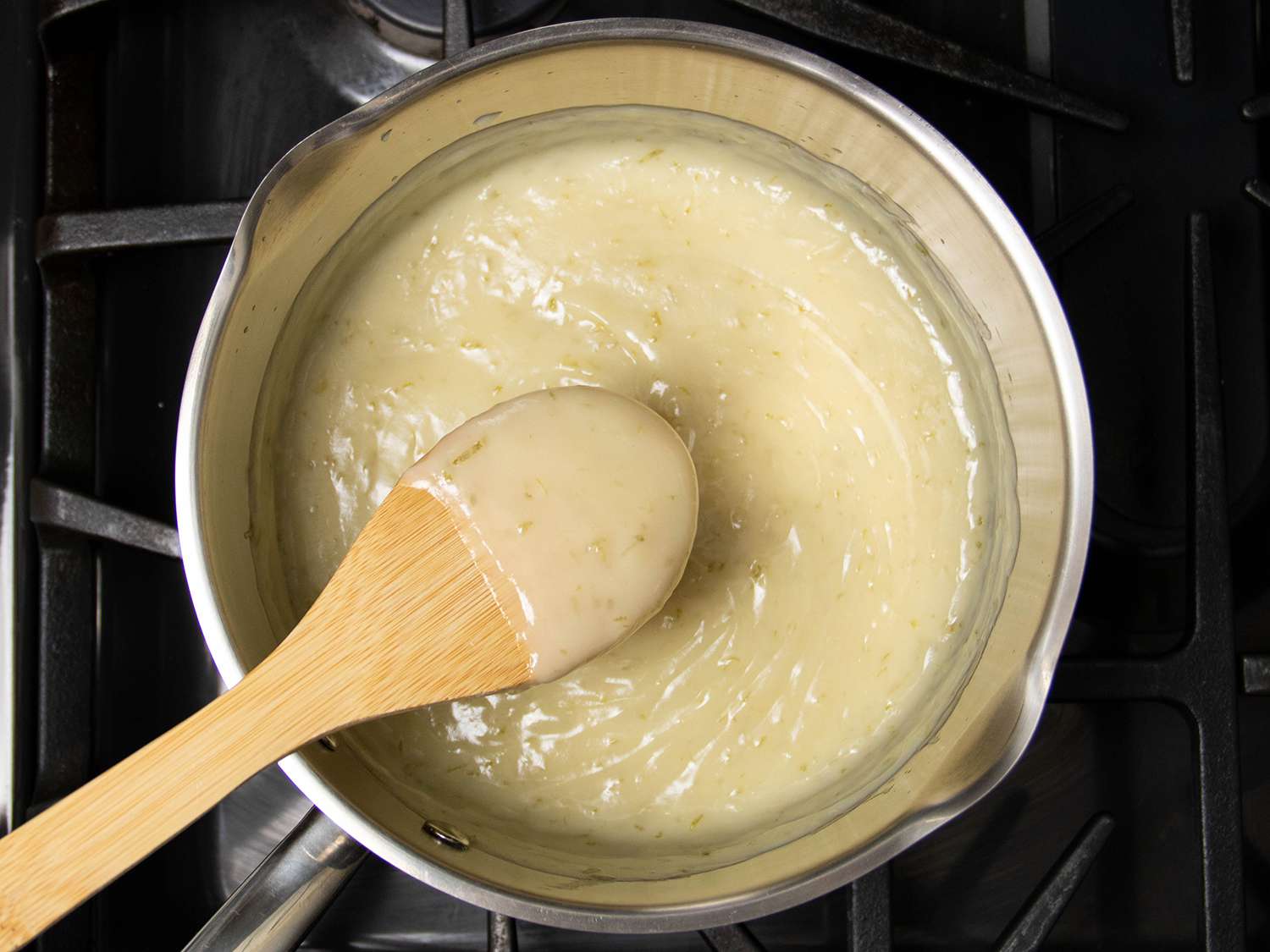 Vegan Key lime custard in a saucepan