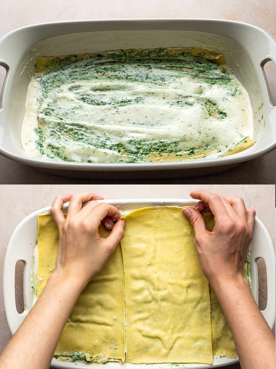 A two-image collage showing the lasagna being assembled.