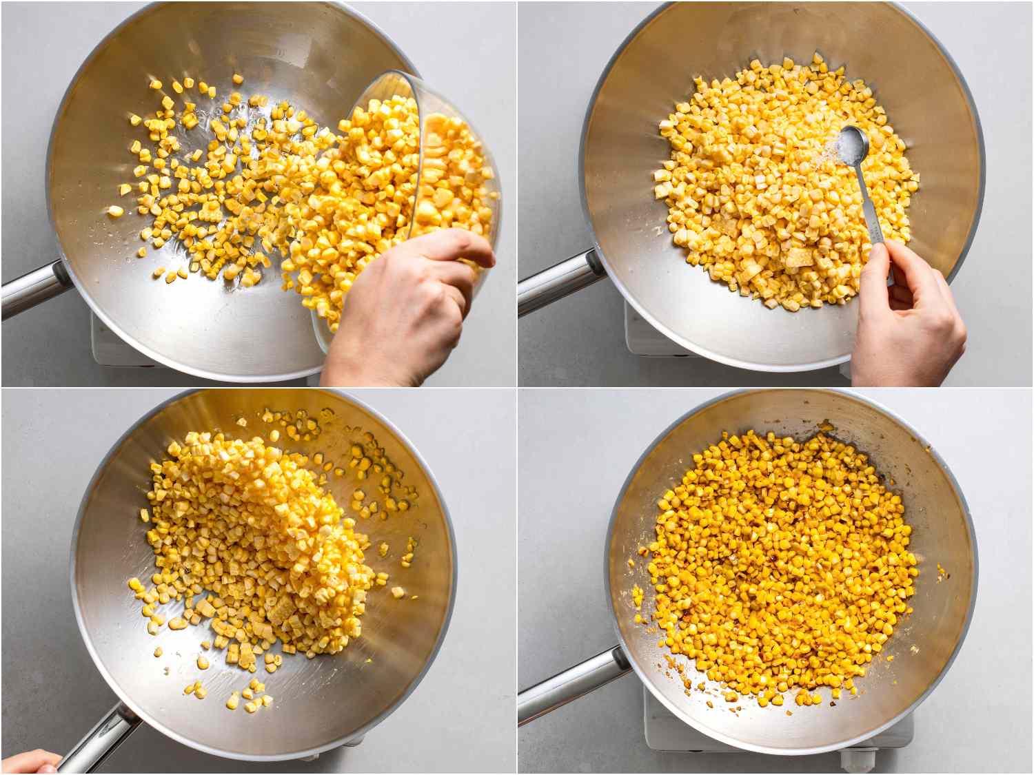 Collage of fresh corn kernals being cooked in a stainless steel pan. In clockwise order starting in the top left quadrant: corn kernals being poured into the pan; corn kernals being seasoned with salt; corn kernals being tossed in the pan; corn kernals after having been charred