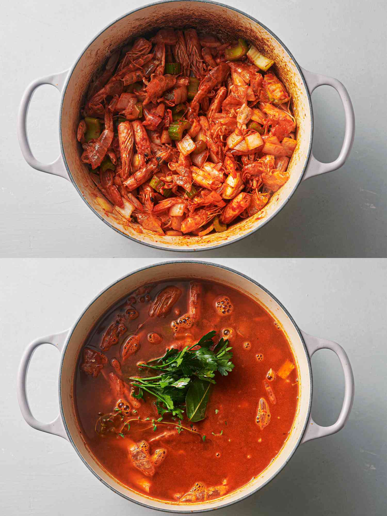 Tomato paste incorporated into vegetables and shrimp inside pot