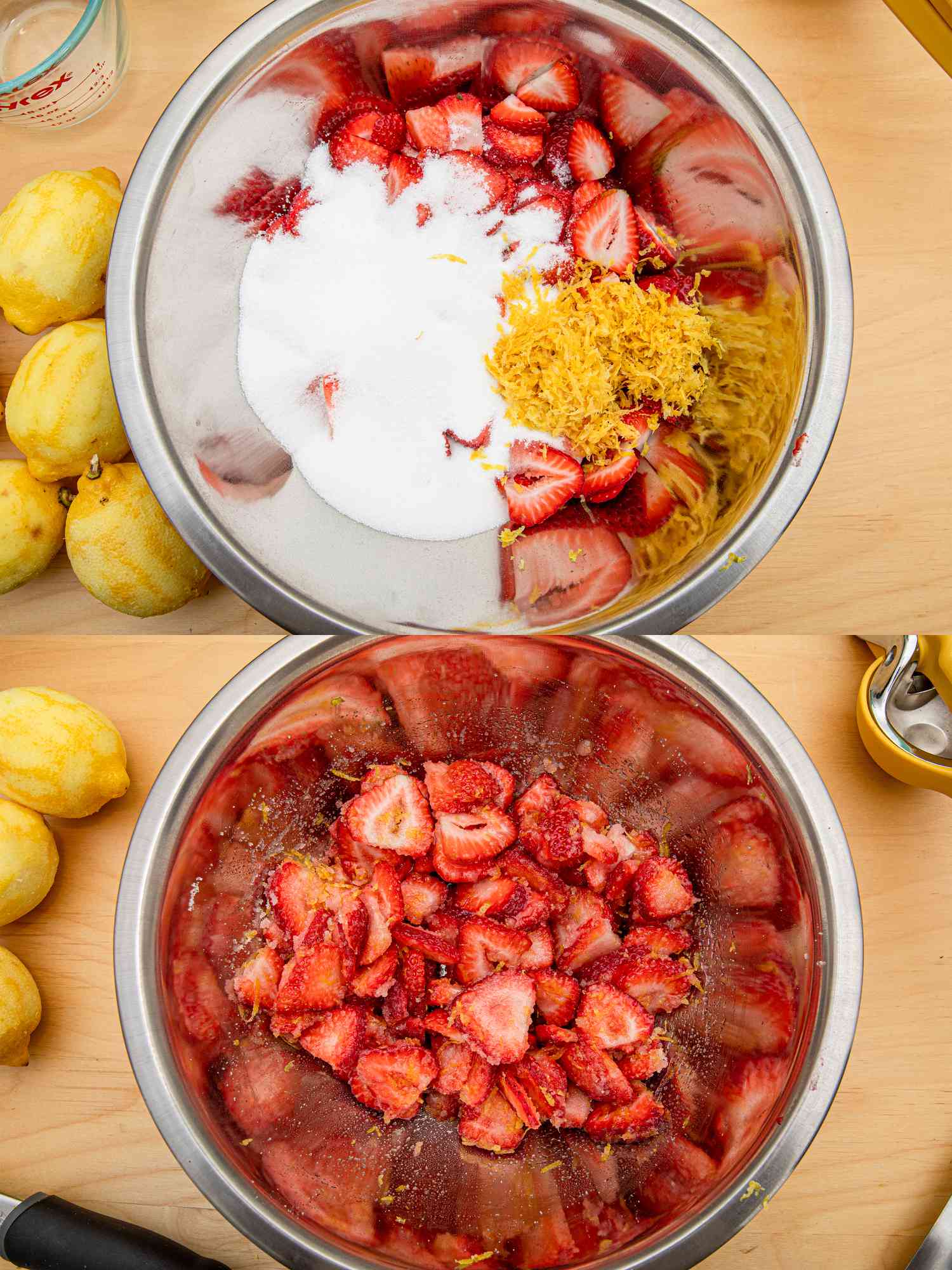 Two image collage of strawberries, sugar, and lemon zest before and after being mixed in a bowl