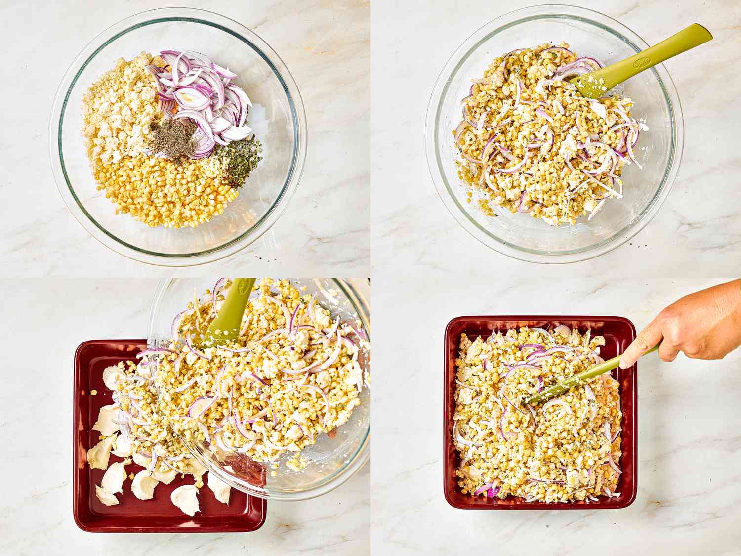 Four image collage of ingredients for corn dip in a bowl being mixed and then spread over cream cheese in baking dish