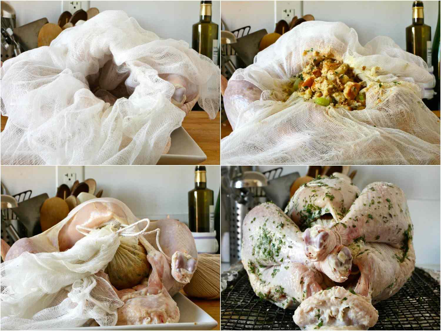 用粗棉布包裹的填充物和塞满火鸡的拼贴画。