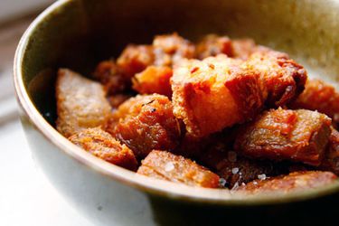 A small bowl of homemade chicharrones