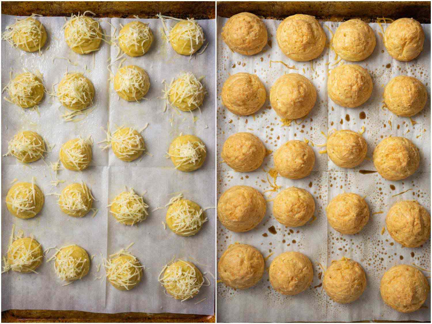 Split image of the gougères before and after baking.