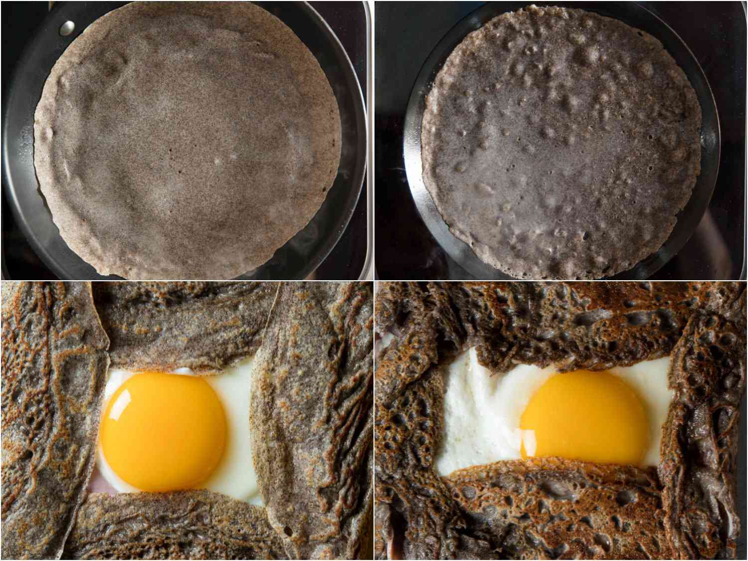 四个图像。左上角的图片显示了在不粘锅中烹制的可丽饼。左下角的图片显示了最终的鸡蛋煎饼。右边的两张图片显示了在碳钢锅中烹饪的可丽饼和最终填充的可丽饼。标题描述了不同之处。gydF4y2Ba