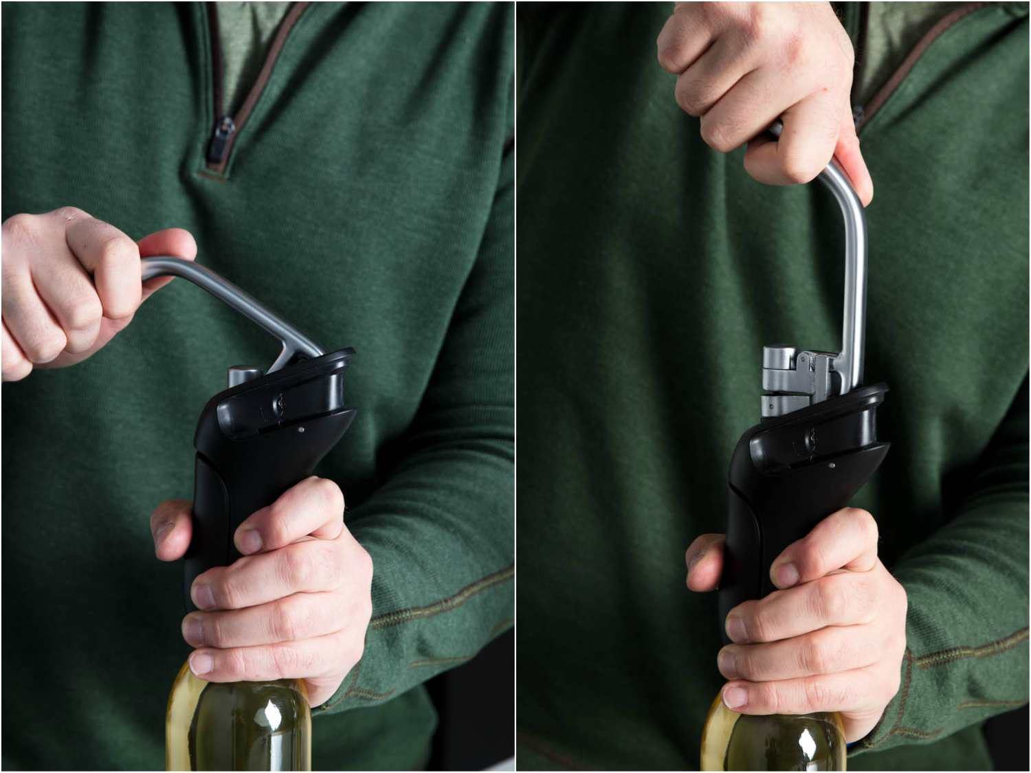 Two stages of using the OXO lever corkscrew to open a bottle of wine: push down, then pull up