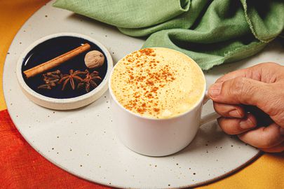 Side view of a pumpkin spice latte