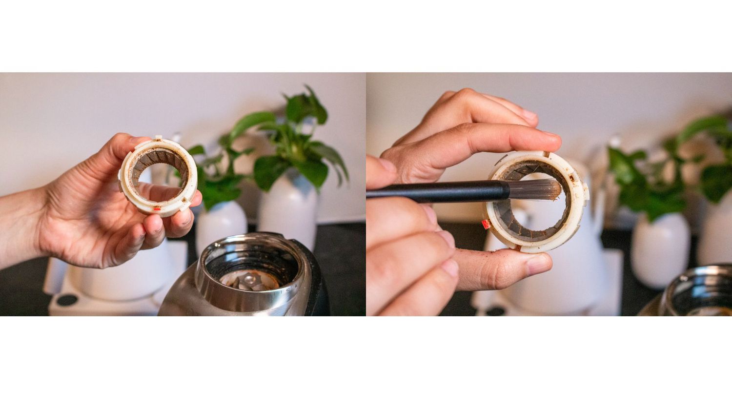 a hand holding the ring encasing the burrs and a hand holding the burr ring and using a brush to clean it off