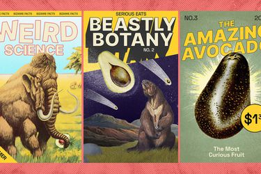 Three magazine covers depicting avocados done in a pulp sci-fi fashion