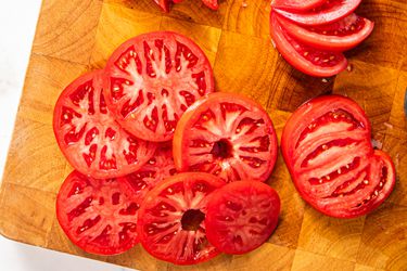 Overhead view of sliced tomatoes