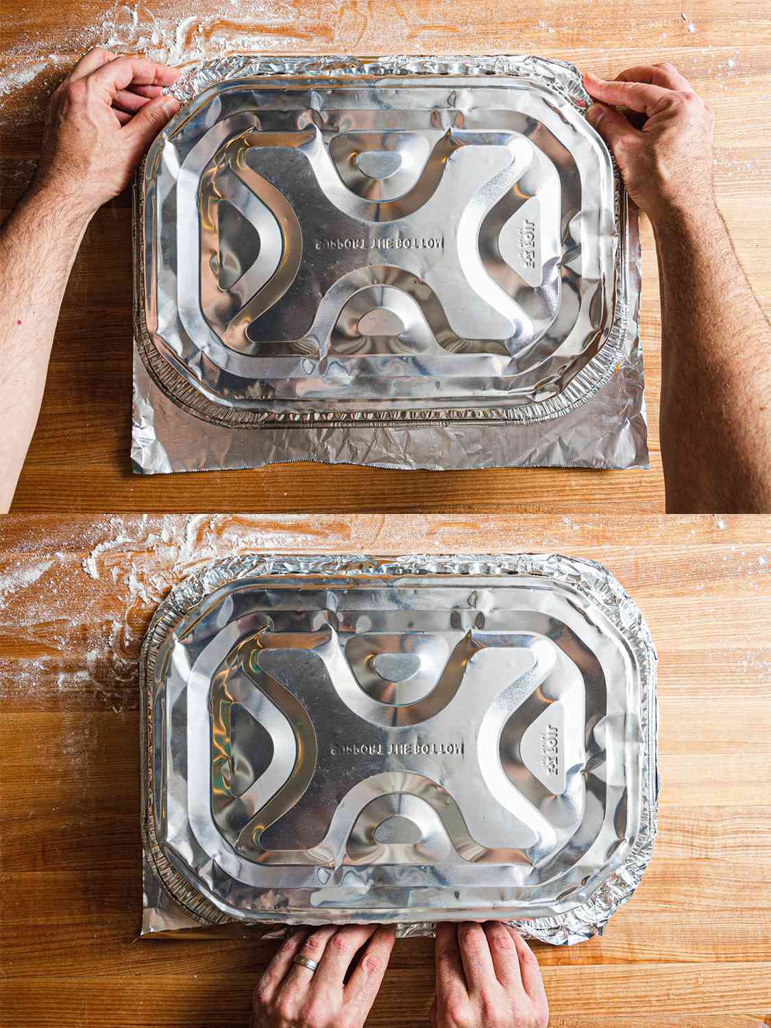 Two image collage of crimping aluminum foil around pan