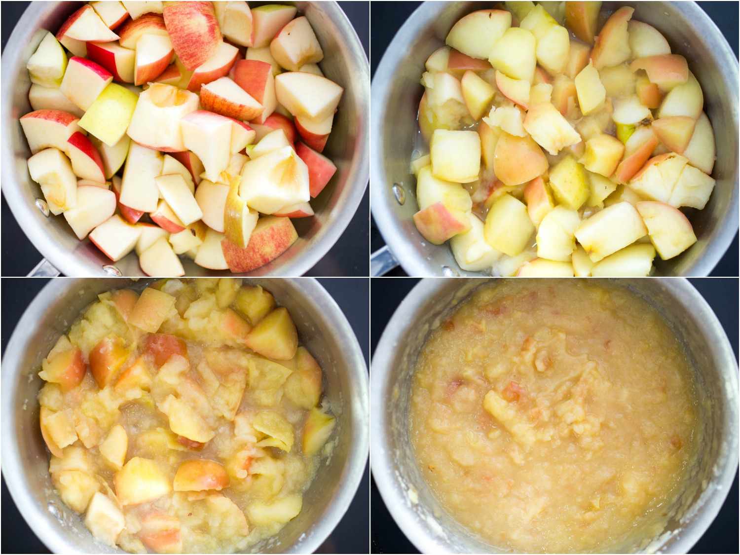 Photo collage of apples in various stages of breakdown as they cook down for applesauce