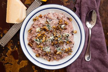 Overhead of Venetian risotto with radicchio, walnuts, and blue cheese.