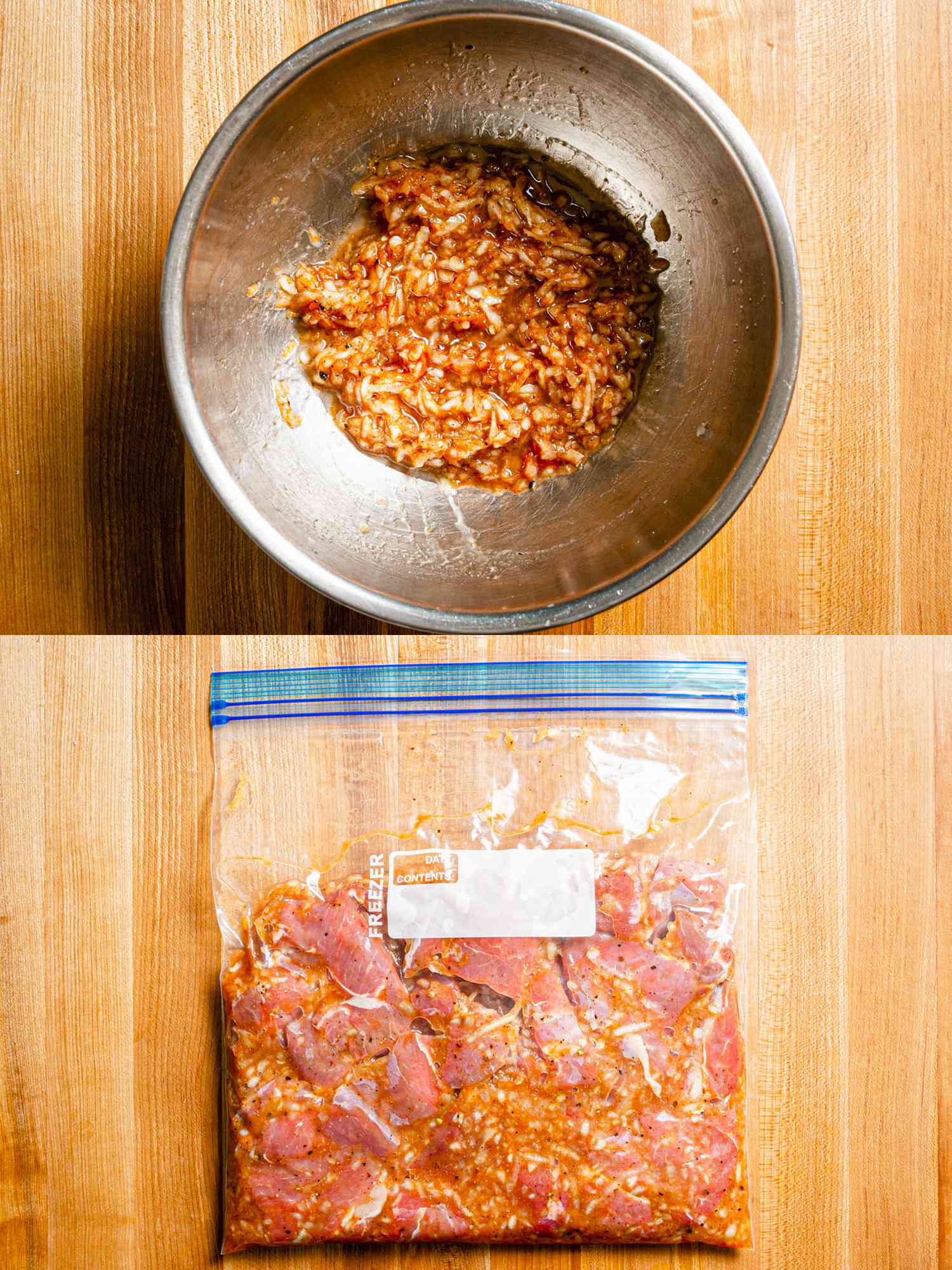 Two image collage of marinade mixture in a metal bowl and then added to meat in a plastic bag