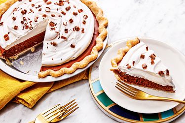 Overhead view of Chocolate French Silk Pie with a slice removed