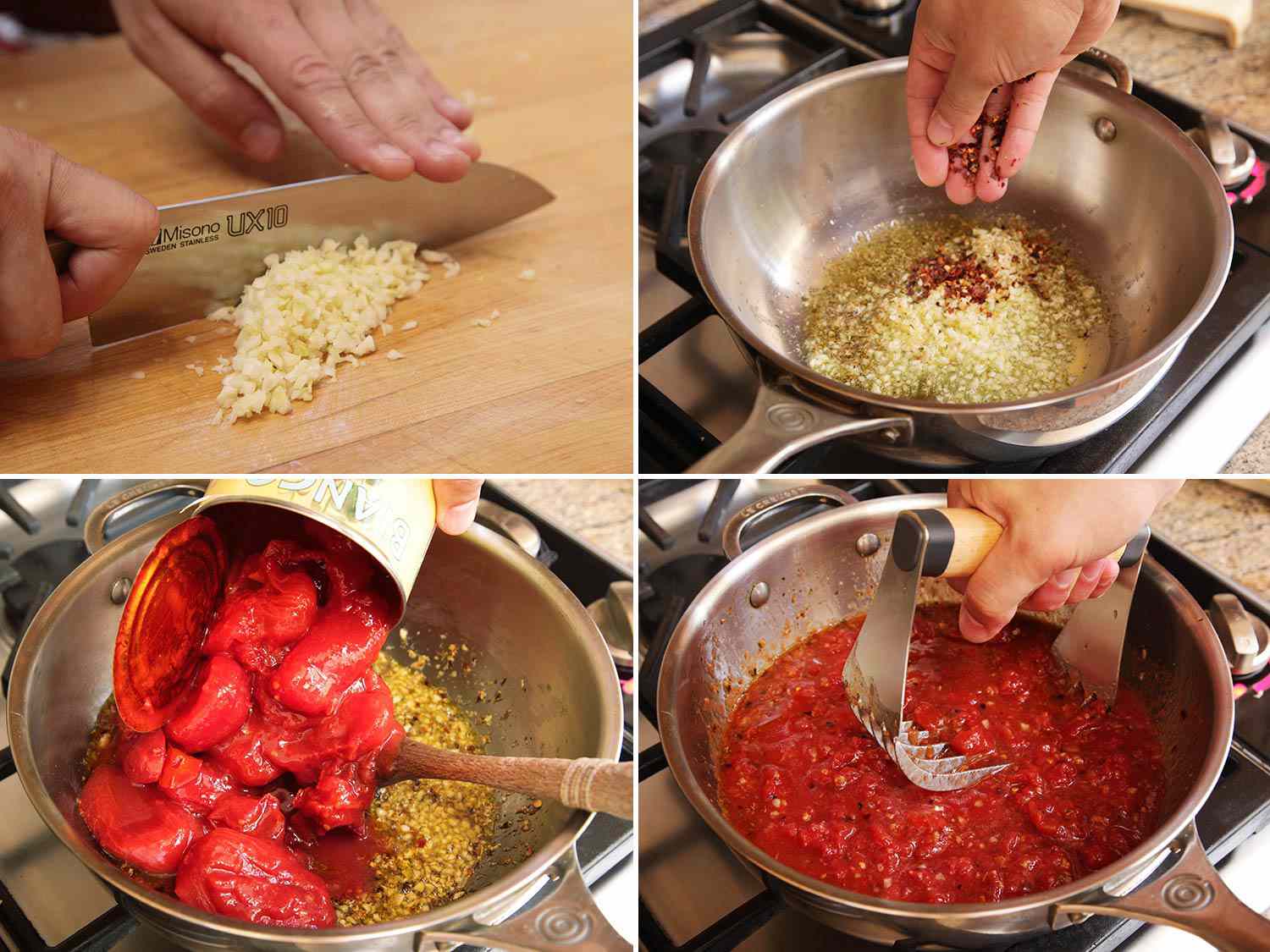 Collage of making tomato sauce for Sicilian-style pizza.