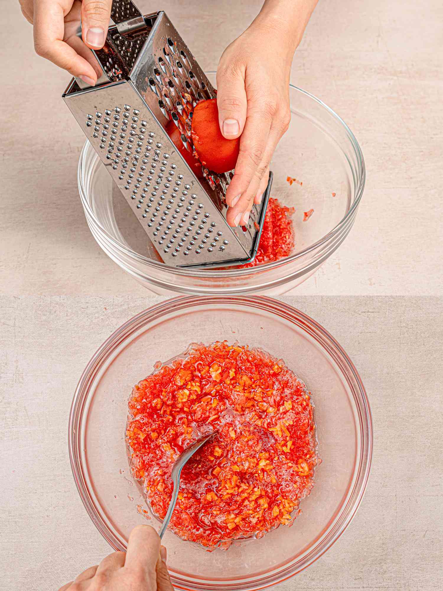 Two image collage of grating tomato on a box grater into a glass bowl then stirring with a spoon