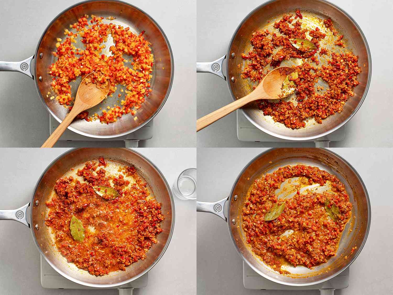 A collage showing the sofrito ingredients being cooked down in a stainless steel pan.