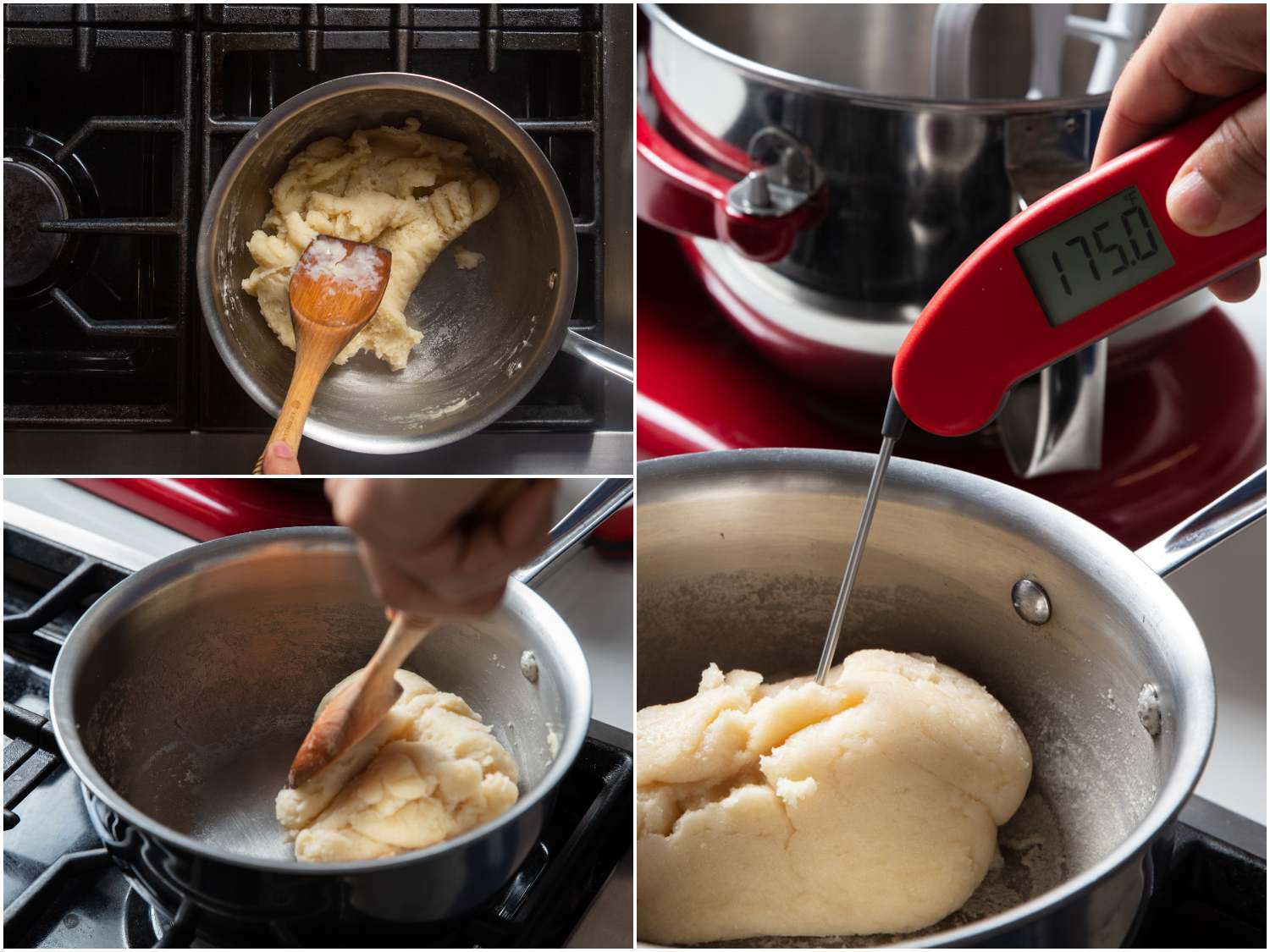 A three image collage of paste being stirred and cooked until registering 175 degrees Fahrenheit (79 degrees C) on a thermometer. The top left shoes the past being stirred. The bottom right shows the paste being folded by a wooden spoon. The far right image shoes the thermometer placed into the paste