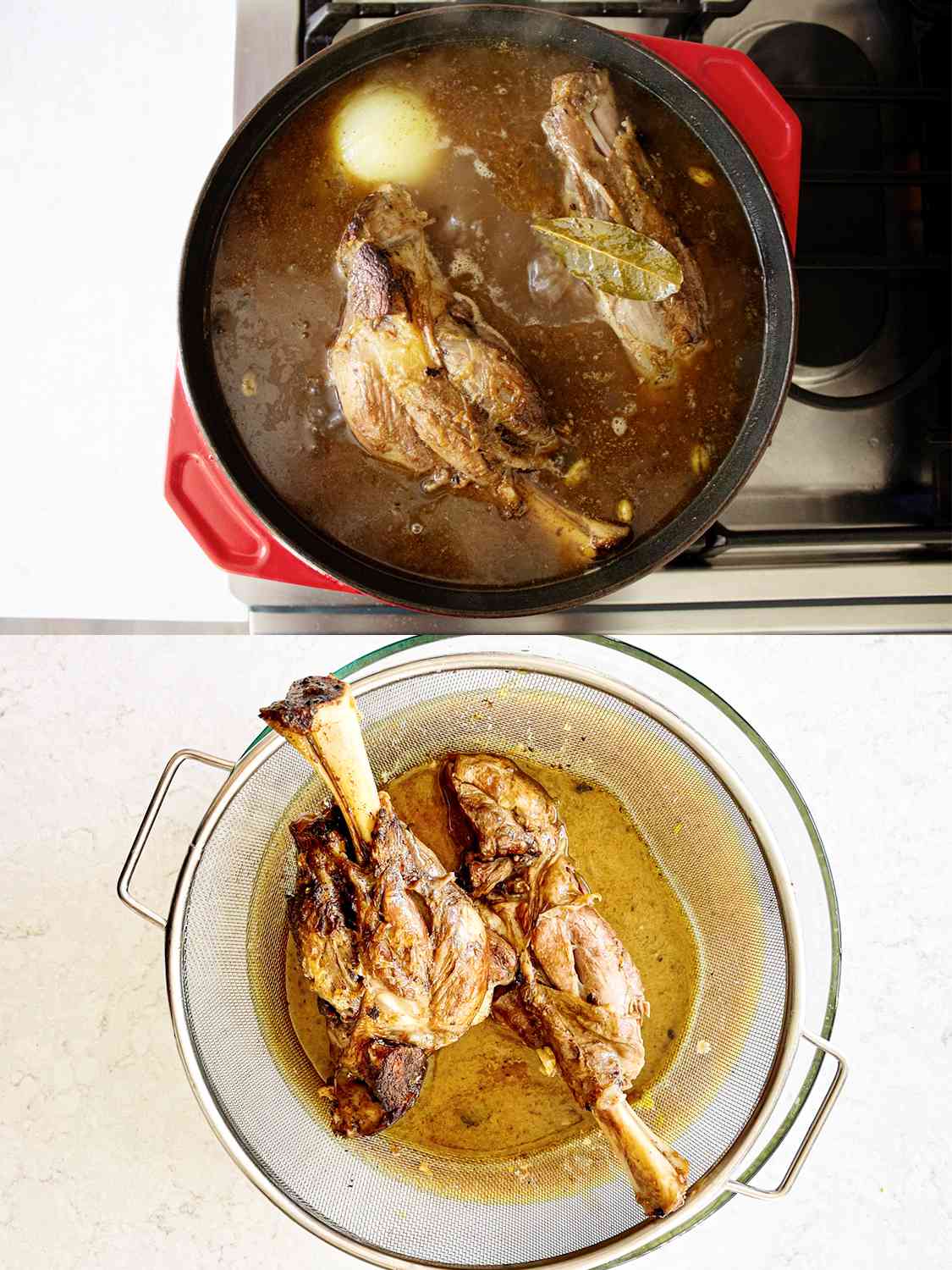 Two Image Collage. Top: Lamb cooking in the dutch oven on the stove. Bottom: Lamb being strained over a glass bowl
