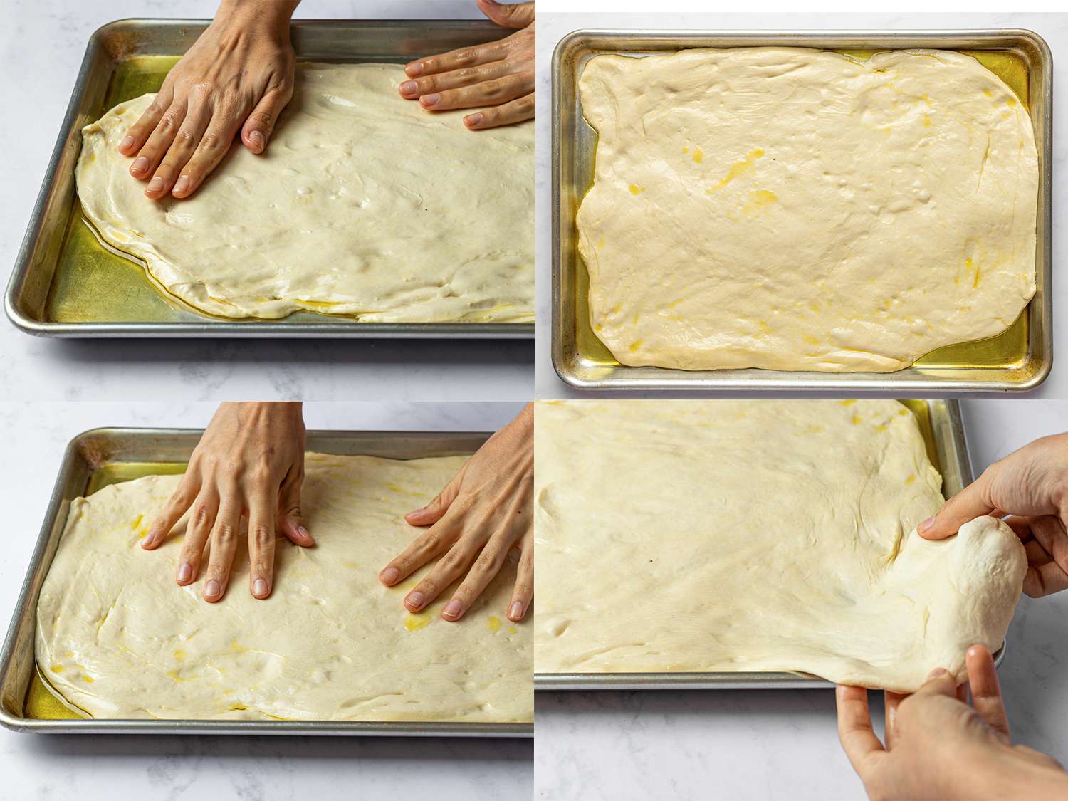 A four-image collage. The top left image shows two hands spreading oil-covered dough gently inside a rimmed, oil-coated baking sheet. The top right image shows the dough slackened and starting to spread out toward the edges of the baking sheet. The bottom left image shows two hands pressing the dough out from the center so that it fully fills the baking sheet. The bottom right image shows two hands lifting the bottom right corner of the dough and stretching it beyond the edge of the pan.