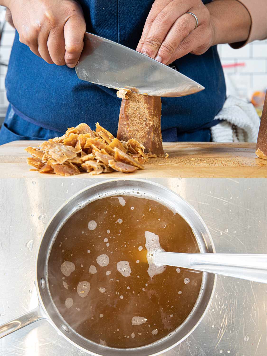 Two image collage of cutting sugar on a cutting board and then adding to a boiling pot of water