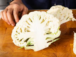 Overhead view of cauliflower cut in half