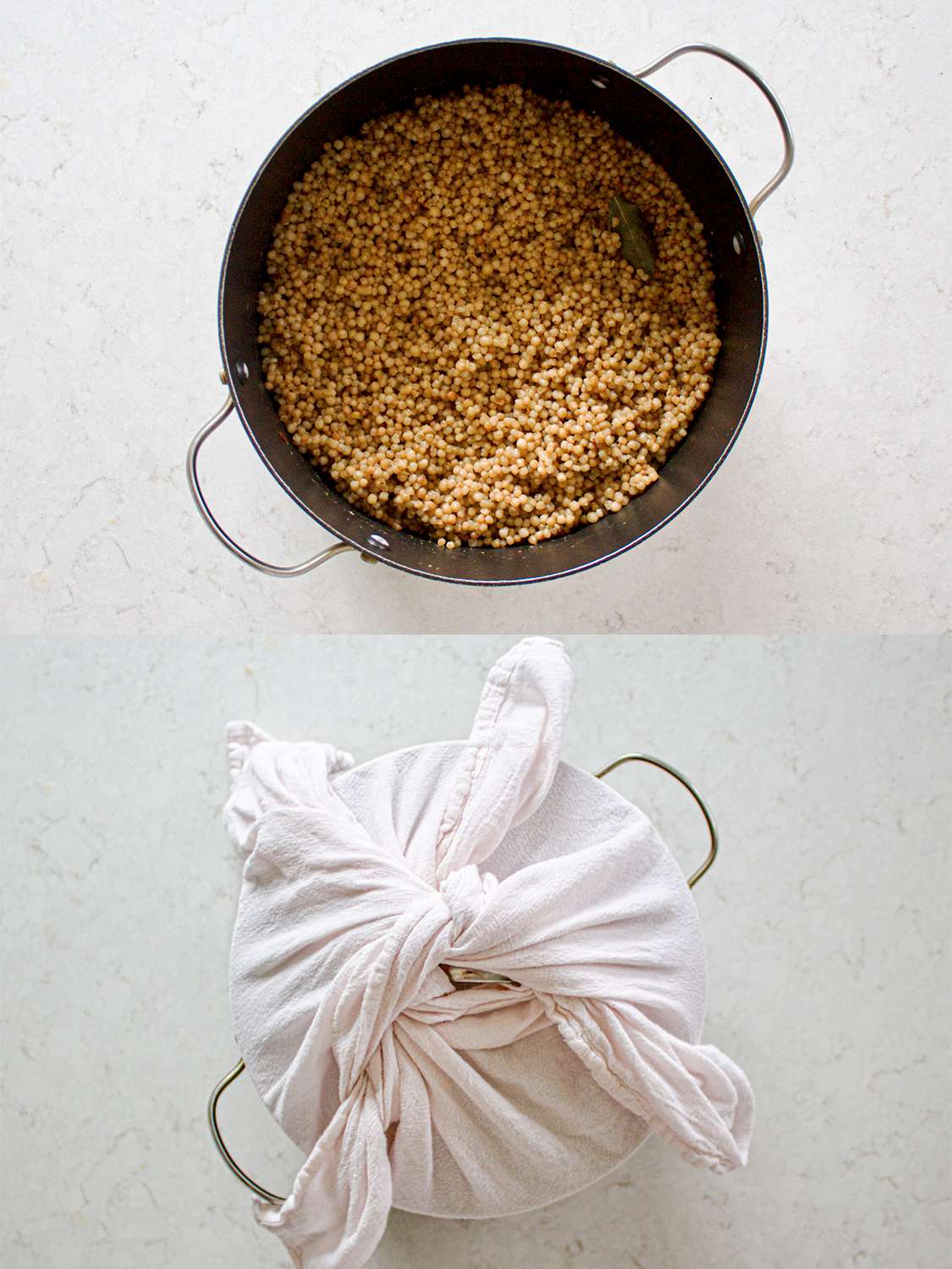 Two Image Collage. Top: Maftool cooked in a pot. Bottom: Towel wrapped around lid of pot.