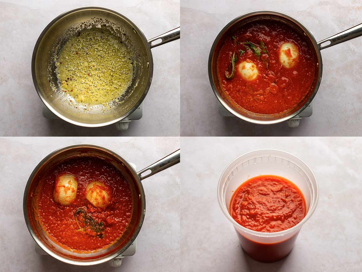 四幅图片的拼贴画。左上角的图片显示了黄油、油、大蒜、牛至、胡椒片和一大撮盐被煮到有香味但没有焦黄。右上方的图片显示了炖锅里的番茄泥、洋葱半段、罗勒枝和糖。左下角的图片显示西红柿现在煮熟了，直到减半。右下角的图片显示了一个夸脱大小的塑料容器里煮好的酱汁。
