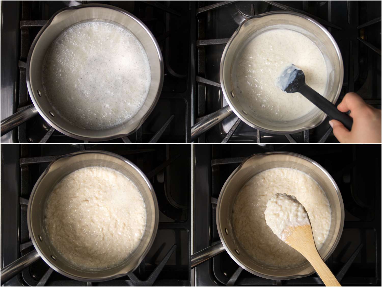 拼贴:在炉子上煮米布丁的过程。第一张图片显示煨，然后搅拌，内容物变稠，最后用木勺显示大米布丁的厚度gydF4y2Ba