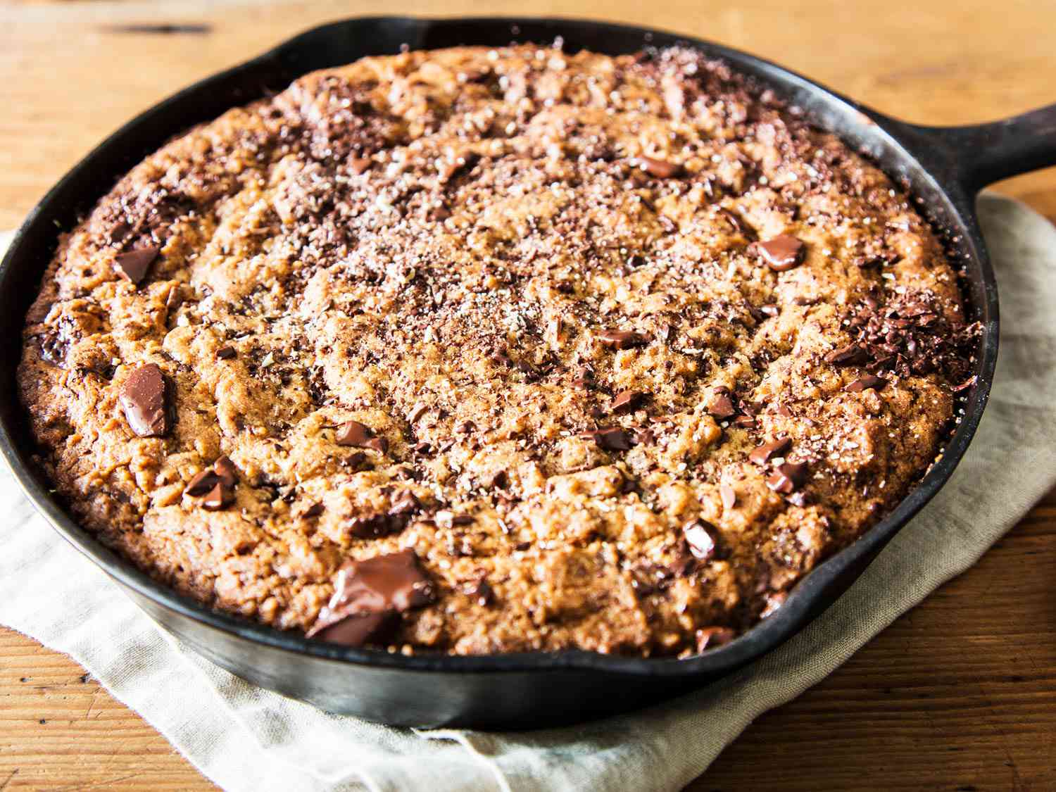 A chocolate chip skillet cookie, fresh from the oven.