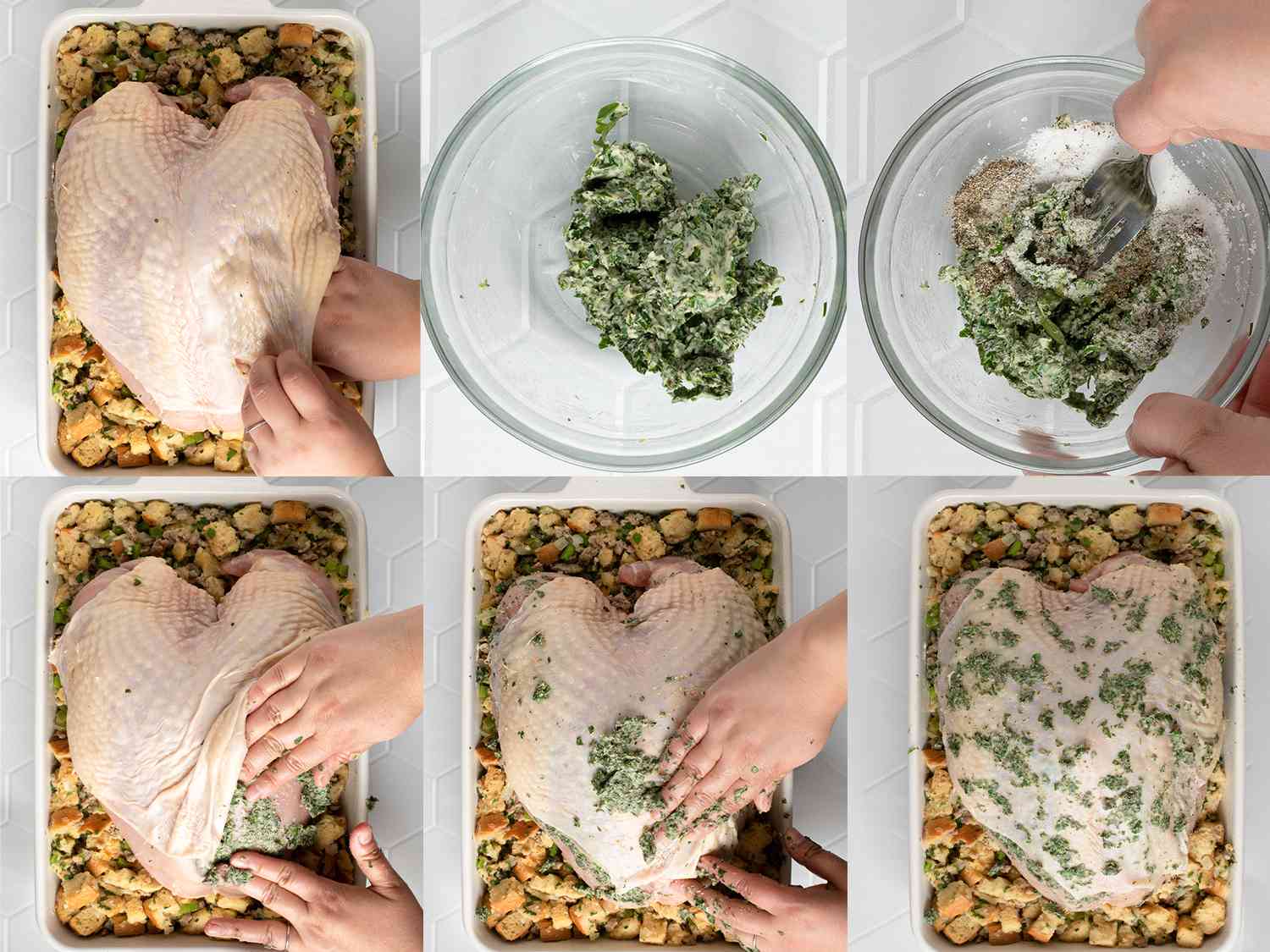 一幅六张图片的拼贴画，展示了火鸡胸肉的皮肤下面和上面涂着大蒜黄油。