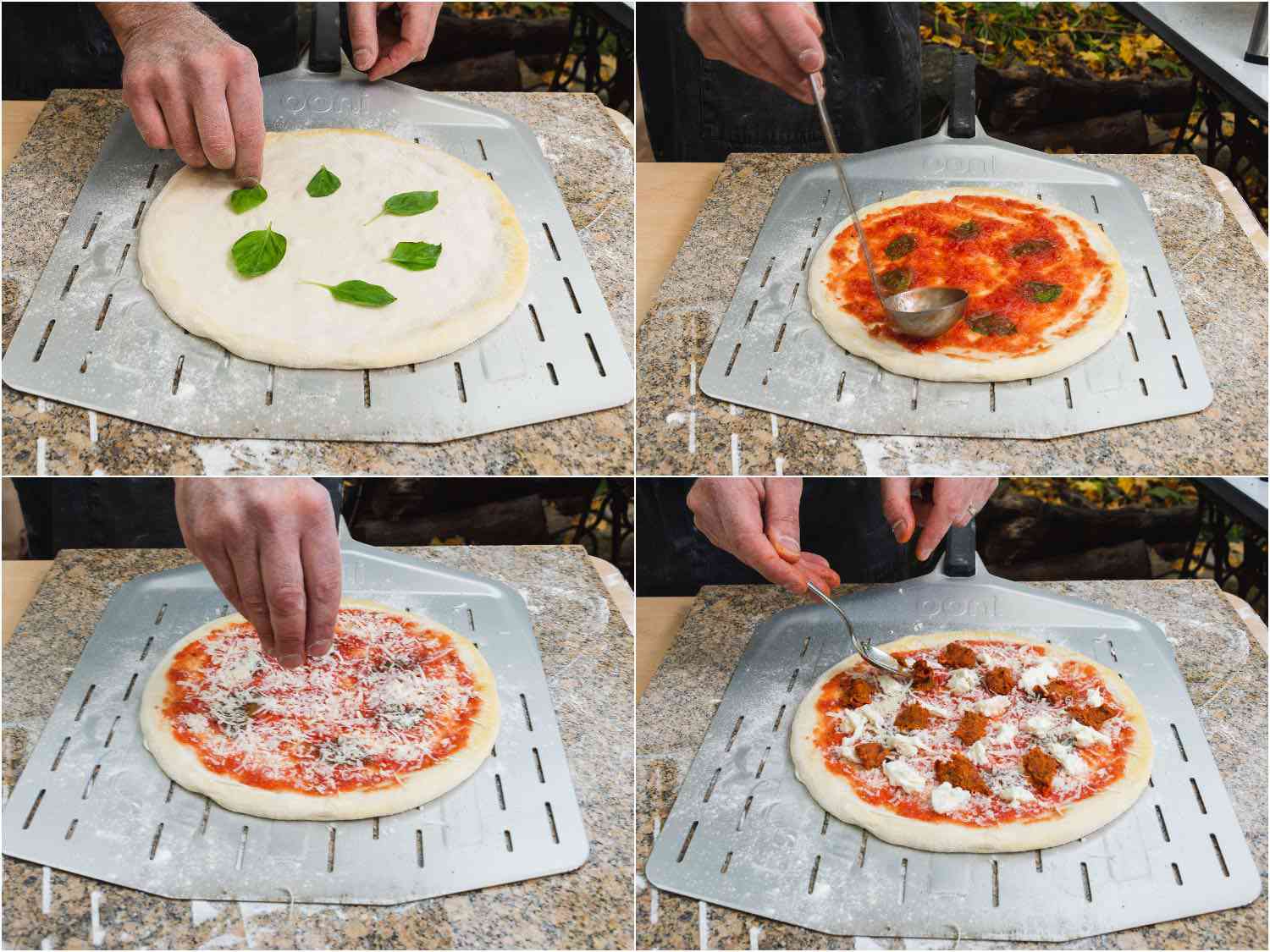 用罗勒，番茄酱，帕尔马干酪，马苏里拉奶酪和恩杜加做成的披萨