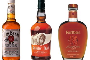 bottles of Jim Beam, Buffalo Trace, and Four Roses Bourbon