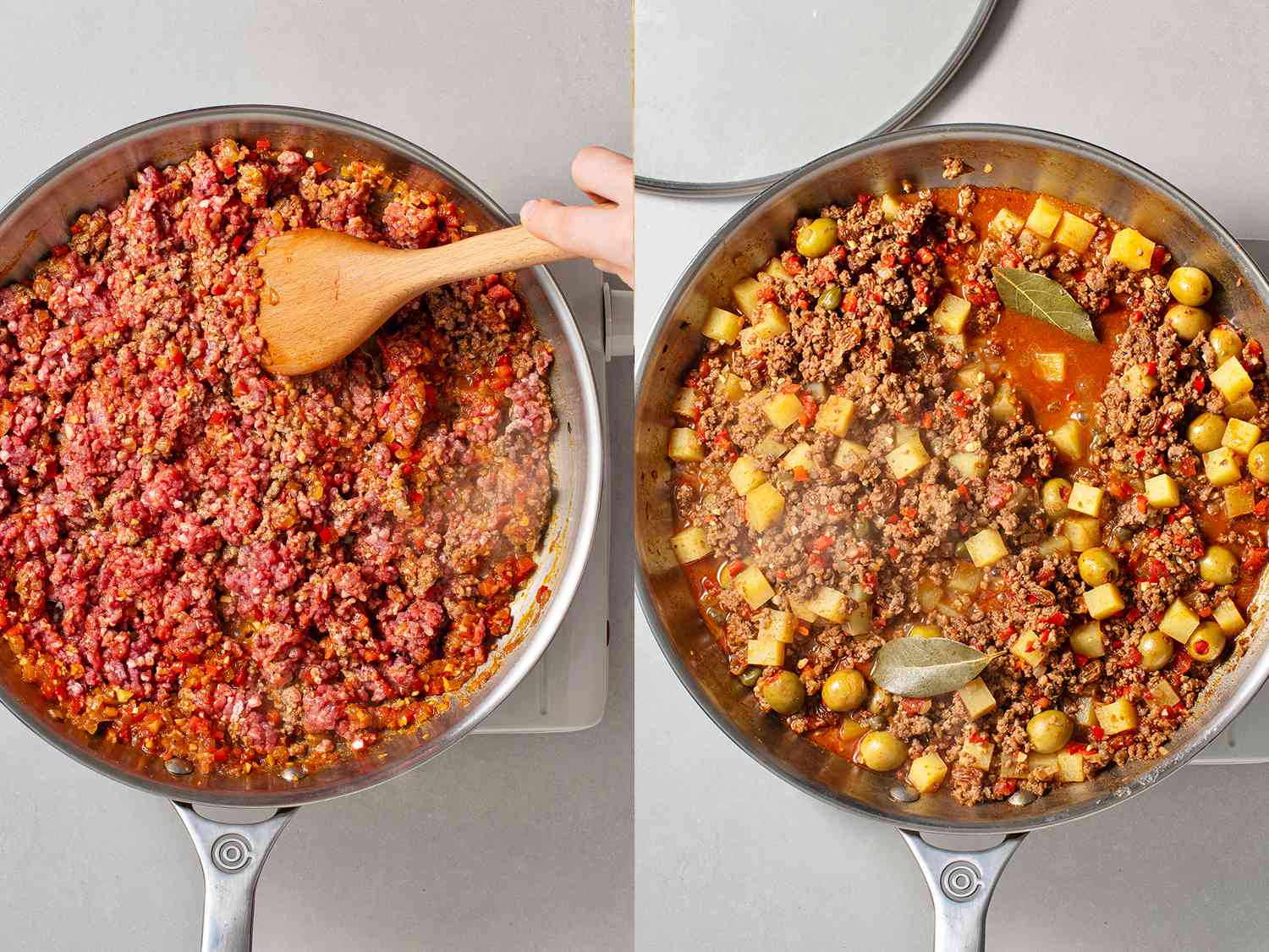 A two-image collage showing meet and potatoes being added to the pan of cooked ingredients.