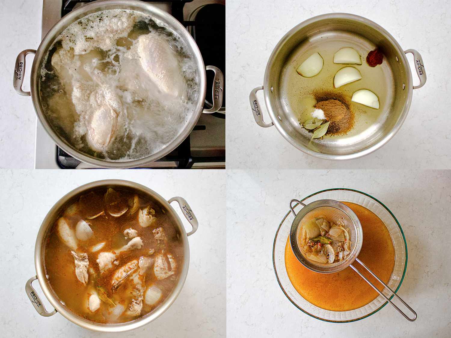 Four image collage of chicken being boiled in water, spices added to a clean pot, chicken and stock added to the pot, and stock being strained.