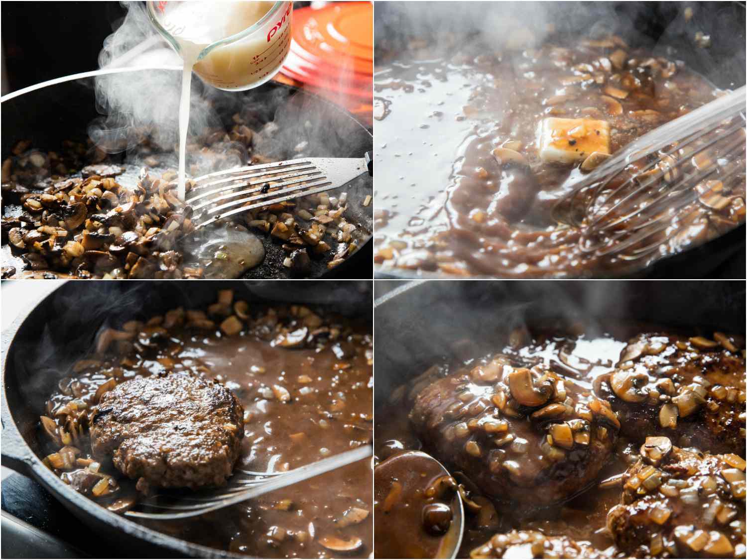 拼贴画描绘建造锅酱为索尔兹伯里牛排，添加玉米淀粉和高汤，黄油，和熟牛排