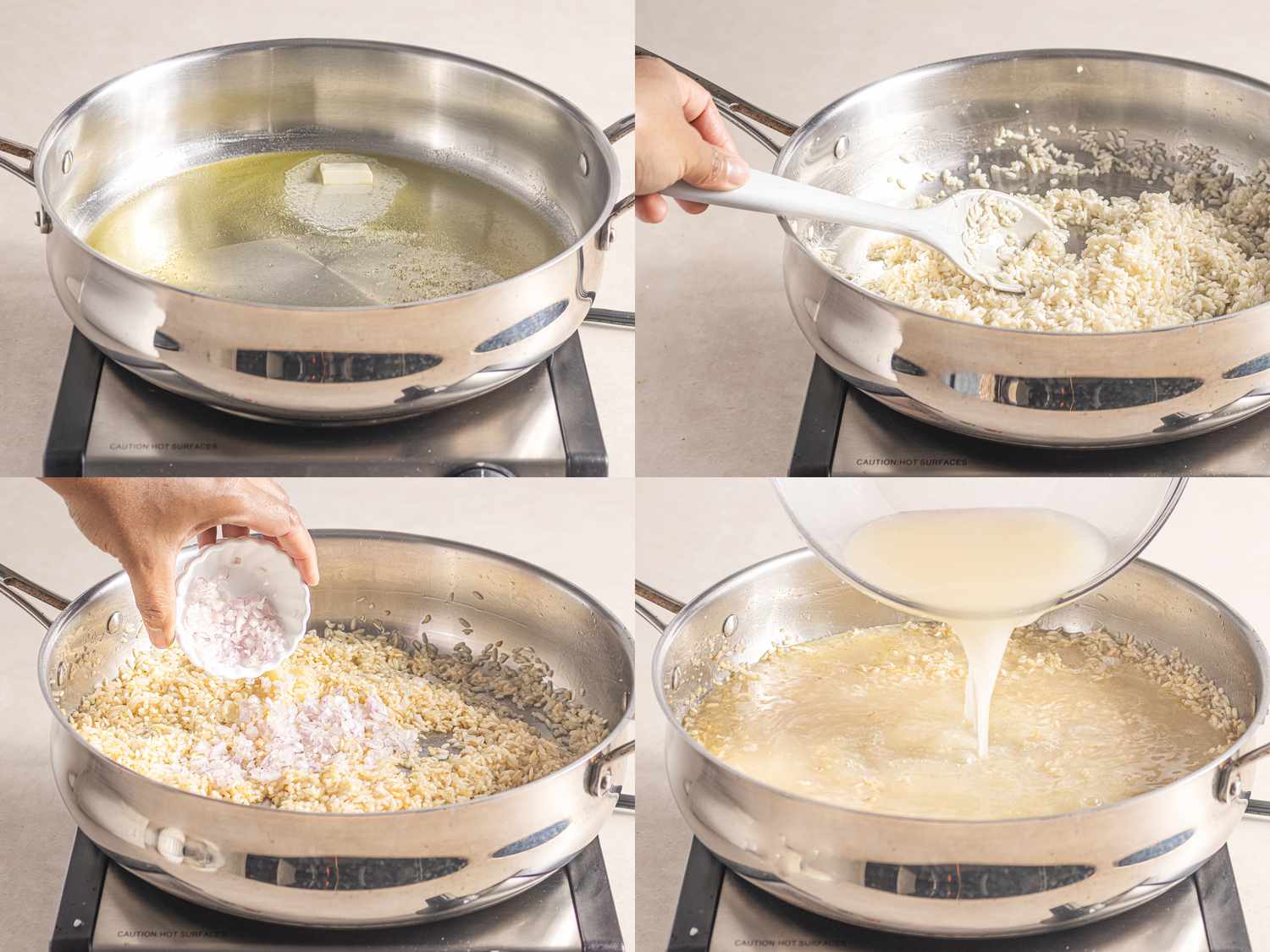 Four image collage of adding butter, rice, shallots, and stock to pan