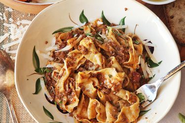 A bowl of pressure cooker ragù Bolognese