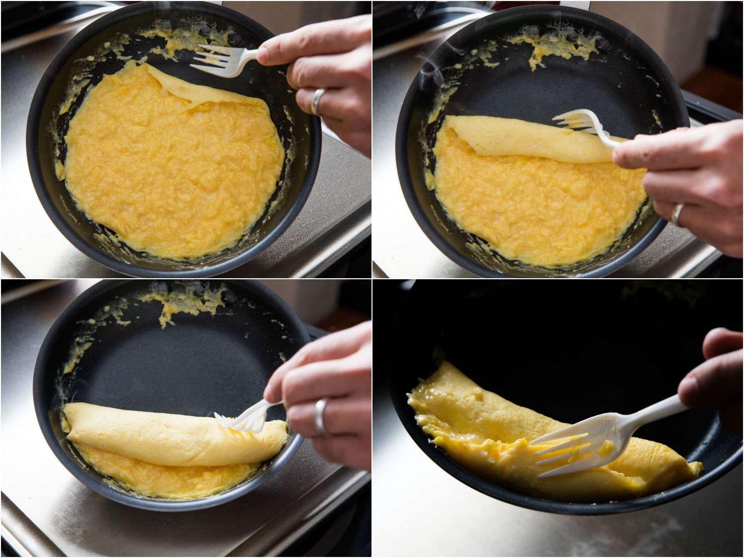 Collage of making a French omelette in a nonstick pan: using a plastic fork to roll the edge of the omelette in on itself and form an oblong shape