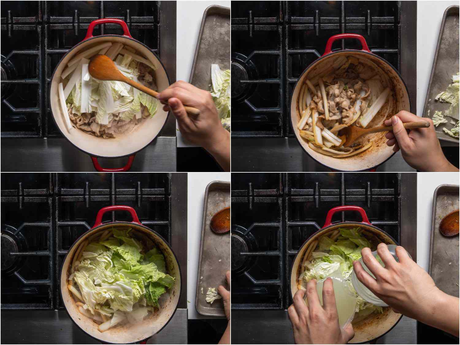 Collage showing addition of napa cabbage stems, soy sauce, cabbage leaves, and chicken stock and water to dutch oven